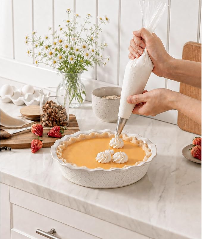 Deep Pie Dish for Baking, Ceramic Pie Pan for Apple Pie, Tart, Quiche Baking Dish, Farmhouse Decor Pie Plate, Deep Dish Pie Pan, Oven Safe, Off-White, Firework