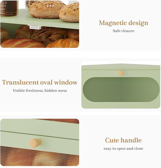 Corner Bread Box for Kitchen Countertop, 2026 New Double Layer Bamboo Bread Storage Bin, Large Bread Container for homemade bread (Green)