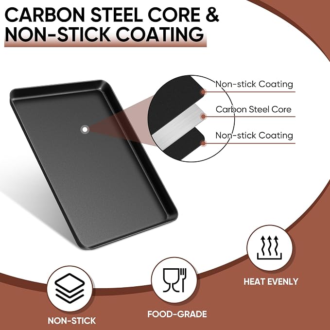 E-far 2 Pack Baking Sheet, 16" x 12" x 1" Large Cookie Sheet Pan for Baking | Nonstick Carbon Steel, Half Sheet Baking Pans Trays for Oven, Roasting/Cooking, Non-toxic & Healthy, Heavy Duty, Easy Clean