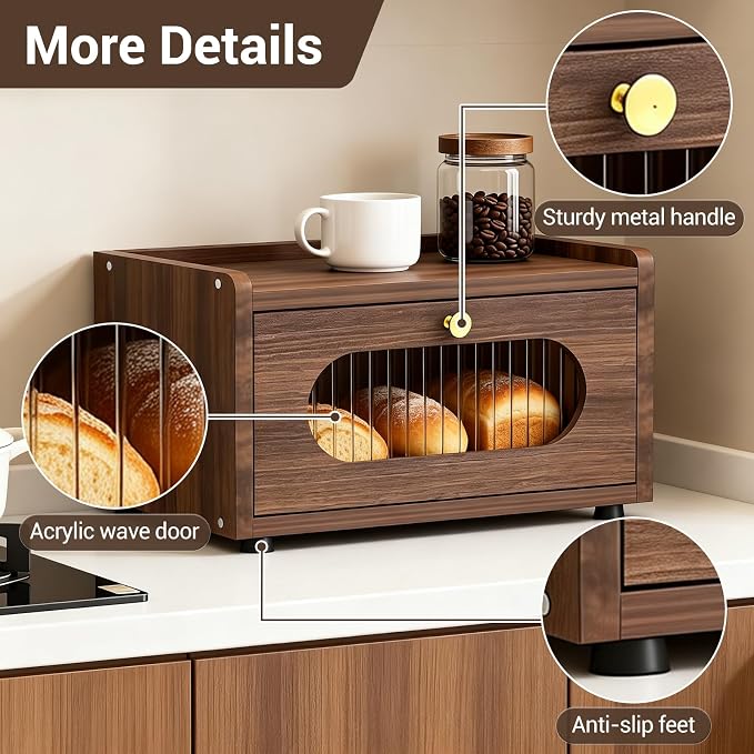 Garvee Bread Box for Kitchen Countertop, Wooden Breadbox Holder Container, Small Vintage Counter Top Breadbox, Farmhouse Stackable Organizer Bin for Homemade Food Shelf Acrylic Window Brown