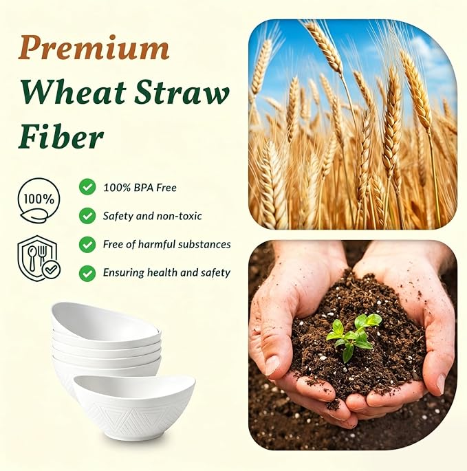 Wheat Straw Bowls 26 OZ Serving Bowls Set of 6 Unbreakable Salad Bowls for Breakfast, Cereal, Soup, Snack Mcirowave and Dishwasher Bowls Set for Kitchen, Camping, Party (White)