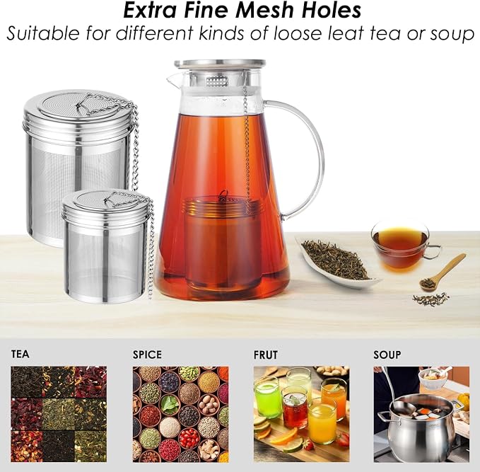 2 Pack Tea Infuser,Extra Fine Mesh Holes Tea Ball Strainers with Threaded Connection,304 Stainless Steel Cooking Filters,Easier to Brew Loose Leaf Tea, Spices,Seasonings,Soup Etc (1M + 1L)