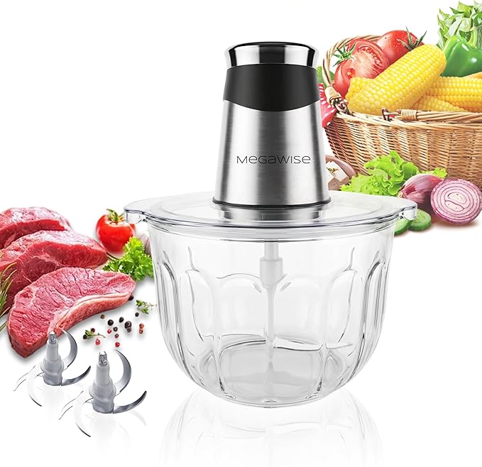 MEGAWISE Electric Food Processor, 1000W Meat Grinder & Vegetable Chopper with 4L Thick Glass Bowl, 4 Blades and Dual-Speed Food Chopper for Meat, Vegetables, Fruits, Nuts, and Baby Food