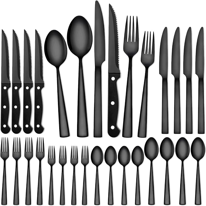 CEKEE 24 Piece Silverware Set for 4 With Steak Knives, Stainless Steel Black Flatware, Utensils, Tableware Cutlery for Home & Kitchen, Hand Wash Recommended