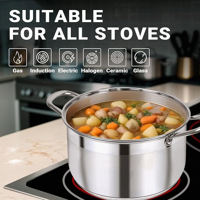 Kirecoo 5 Quart Stainless Steel Induction Stock Pot with Visible Lid | Heavy Duty, Even Heat, Thick Nonstick Base, Deep Cookware for Soup Pasta & Spaghetti, Ideal for Canning, Boiling & Simmering