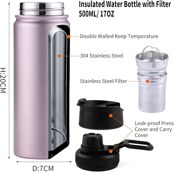 Sivaphe Infuser Travel Mug with Removable loose leaf Tea Strainer Tea Filter Water Bottle 18/8 Stainless Steel Insulated Tumbler for Women Rosegold