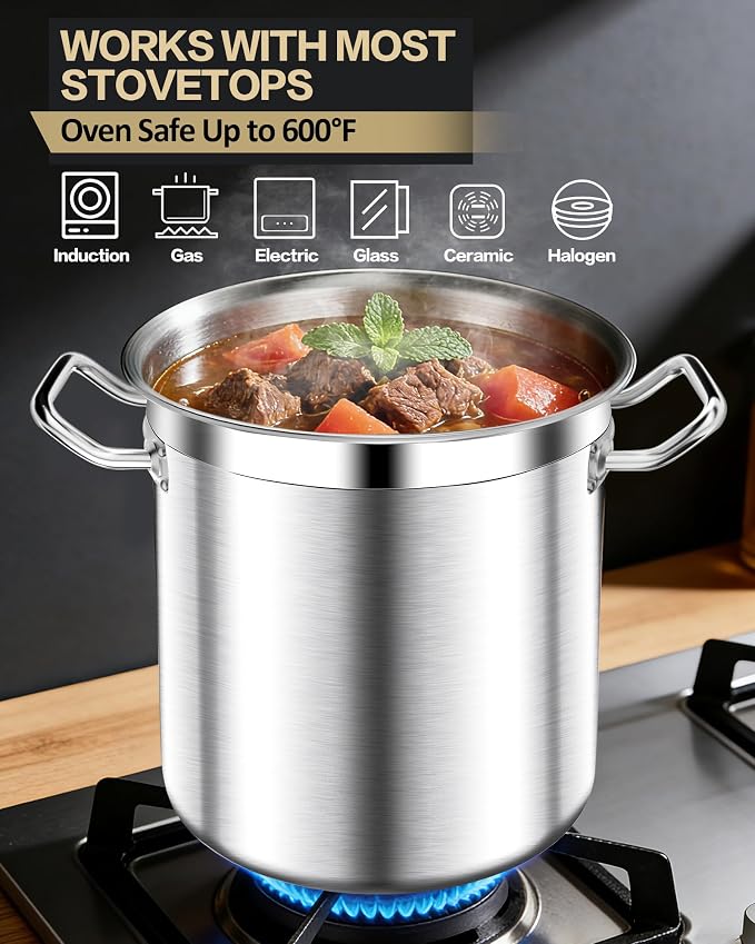 STOCKPOT Large Stock Pot with Lid – Professional Stainless Steel Stockpot 40 Quart – Heavy Duty Cooking Pot for Catering, Soup, and Seafood Boil – Compatible with Most Cooktops