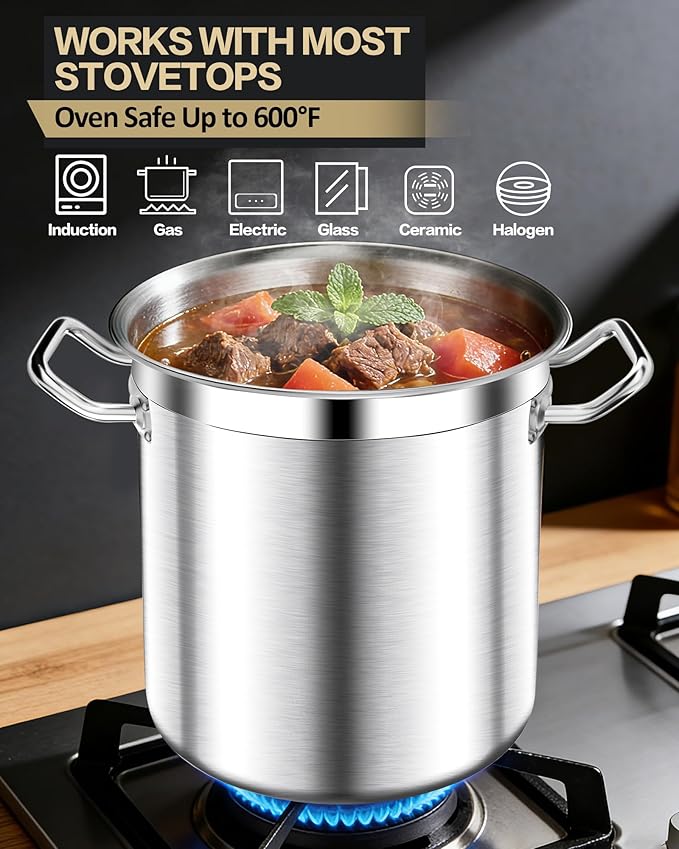 STOCKPOT 20 Quart Soup Pot with Lid – Stainless Steel Stock Pot, Heavy Duty Cooking Pot for Soup, Pasta, Stew – Induction & Oven Safe, Commercial & Home Use