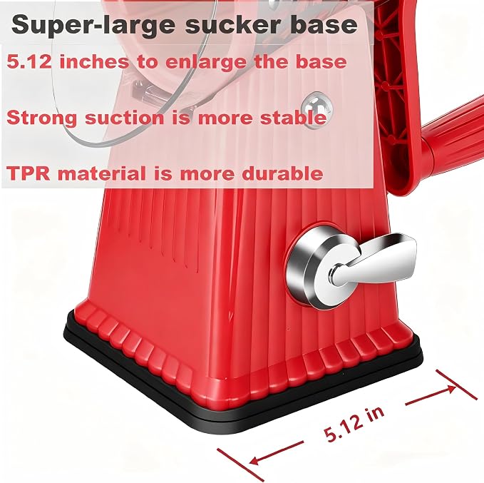 Rotary Cheese Grater with 5 Well-designed Blades & Strong Suction Base, Kitchen Mandoline Vegetable Slicer with Blade Storage Box (RED)