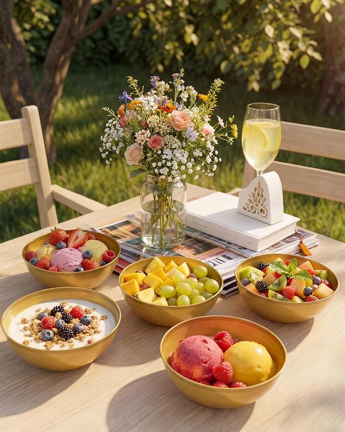 bUCLA 50 Pack Gold Plastic Serving Bowls - 24oz Disposable Bowls for Salad, Cereal, Dessert, Fruit, Chip & Soup - Ideal for Wedding & Party