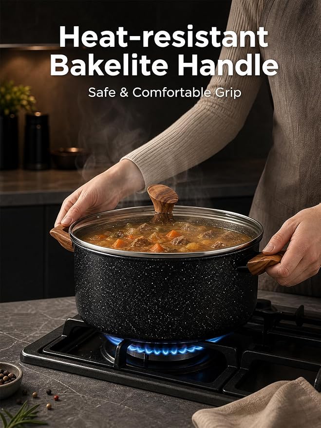 D.Perlla 9 Quart Large Stock Pot with Lid, Nonstick Induction Soup Pot | Aluminum Cooking Pot with Ceramic Non-stick Coating Compatible with All Cooktops, Black