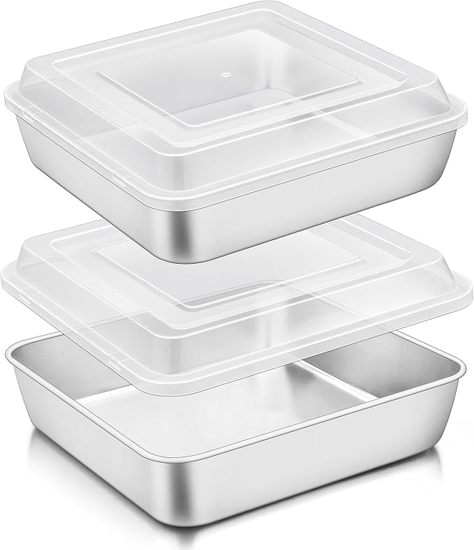TeamFar 9 x 9 Baking Pan, Square Cake Pan with Lid - 2 Pans + 2 Lids | Stainless Steel for Baking Cooking Brownie Lasagna, Portable for Home Outdoor Camping, Non-Toxic & Dishwasher Safe