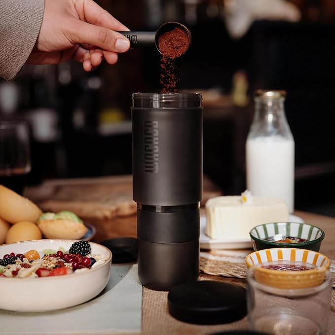 WACACO Prestina French Press Coffee Maker, Allin-one, Coal Black | Built-in stainless steel filter, Patented Cup-press Mechanism, Duck Valve Flow System, Cafetiere for Outdoor, 240ml