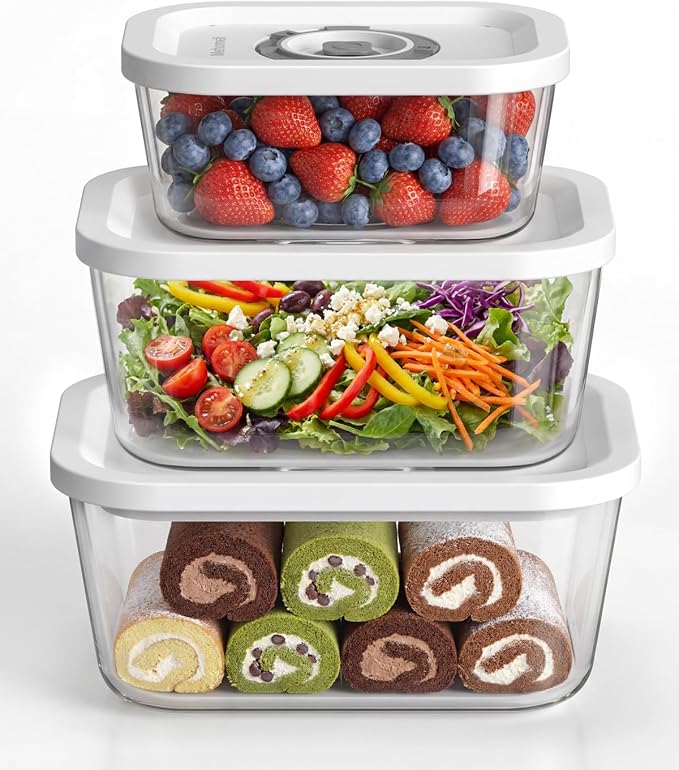 Glass Vacuum Seal Containers, 3-Piece Set, Small Medium Large | BPA-free, Borosilicate Glass, Date-tracking lids, Ideal for liquids and delicate foods, Works with handheld vacuum sealers