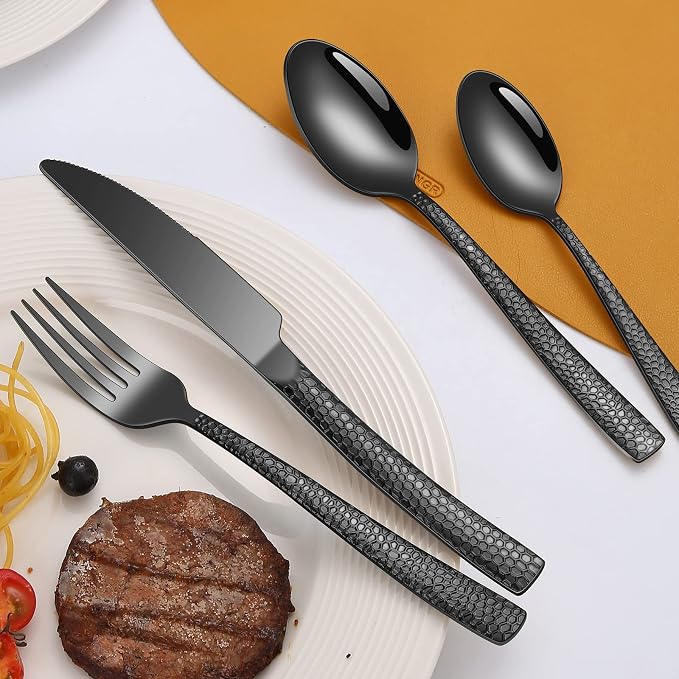Remoxye 40-Piece Silverware Set, Black Hammered Stainless Steel Flatware Sets for 8, Food-Grade Tableware Set, Including Fork Knife Spoon Set, Durable Home Kitchen Cutlery Sets, Dishwasher Safe