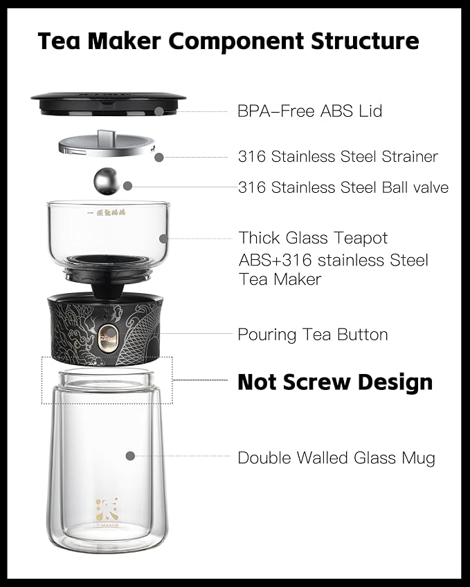 ZENS Glass Infuser Teapot, Cool One Touch Tea Maker For Loose Tea, Dragon | Modern Tea Diffusers, Magic Tea Pot with 9oz Insulated Mug and Portable Bag for Herbal Tea Lovers Gifts
