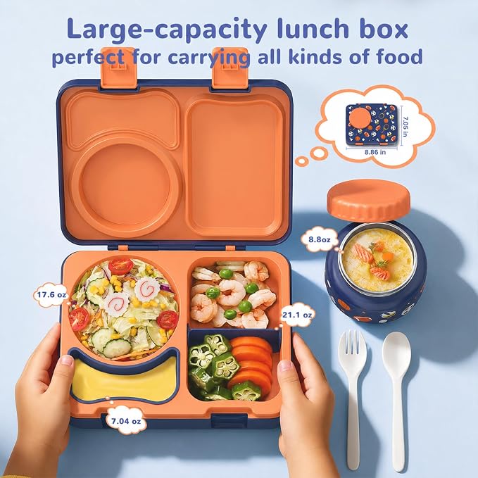 Kids Insulated Lunch Box with 8OZ Thermo Food Jar | Leakproof Bento Box with Ice Pack Sauce Cup Utensils Removable Tray & Dividers for School Daycare Travel, Sports