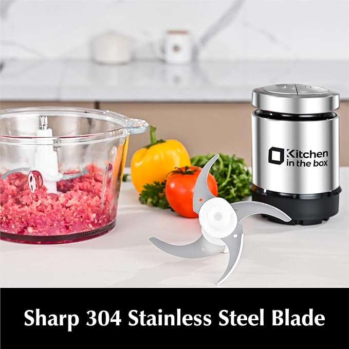 Kitchen in the box Food Processors,Small Meat Grinder & Food Chopper Electric Vegetable Chopper with 2 Bowls (8 Cup+8 Cup)& 2 Bi-Level Blades for Meat/fish/Vegetable/Baby Food，Sliver