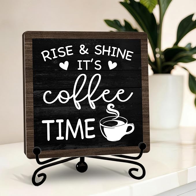 Rustic Coffee Bar Decor, 5"x5" Coffee Bar Sign | Rise & Shine It's Coffee Time Wood Plaque with Stand | Minimalism Gift for Home Kitchen Tabletop Desk - A05