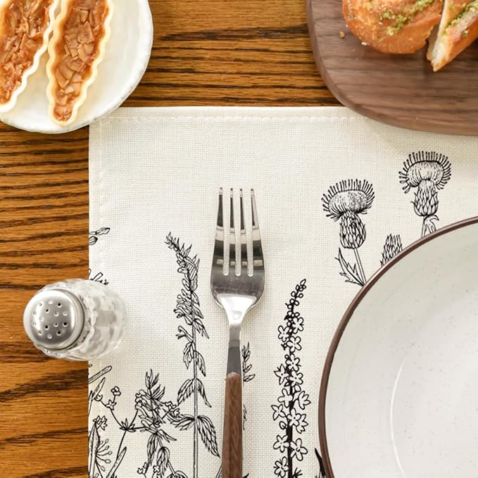 Artoid Mode Grey Antique Herbs and Wild Flowers Spring Placemats Set of 4, 12x18 Inch Seasonal Table Mats for Party Kitchen Dining Decoration
