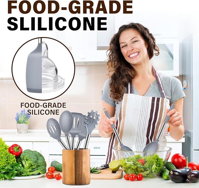 5Pcs Silicone Cooking Utensils Set, Heat Resistant Kitchen Tools Include Solid&Slotted Spatula, Cooking Spoon and Pasta Server, Silicone Kitchen Utensils set for Nonstick Cookware Flipping, Gray
