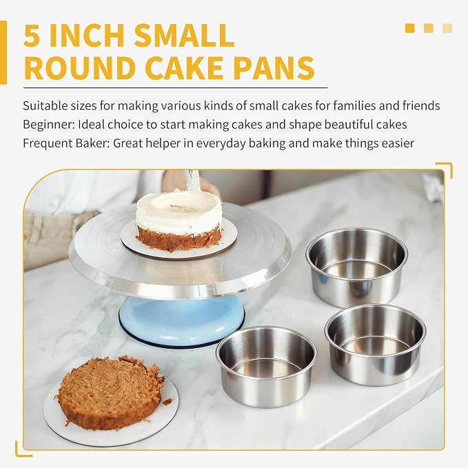 TeamFar 5 Inch Cake Pan Set of 3, Stainless Steel Small Layer Cake Pans Tin | Round Bakeware for Birthday Wedding Party, Non-Toxic & Healthy, Mirror Finish & Dishwasher Safe