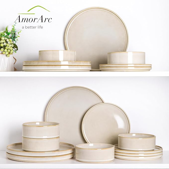 AmorArc Ceramic Dinnerware Sets for 6,18 Piece Plates and Bowls Sets Dishes | Stoneware Handmade Reactive Glaze Dishes Set | Highly Chip and Crack Resistant | Dishwasher & Microwave Safe