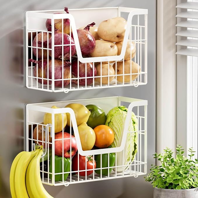 2 Set Magnetic Fridge Shelf, White Magnetic Fruit Basket for Fridge | Potato and Onion Storage Bins, Wire Baskets Magnet Shelves Spice Rack for Refrigerator Laundry Kitchen Organizer and Storage