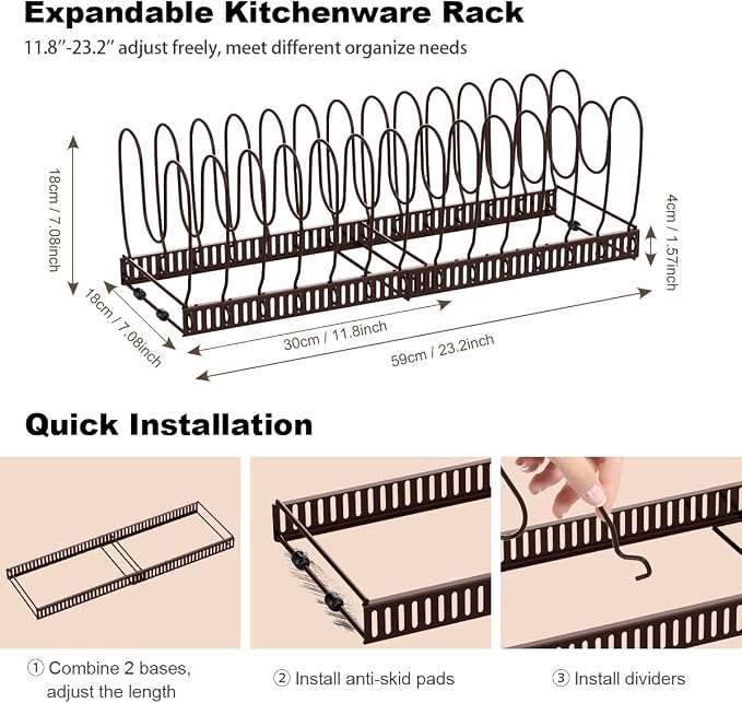 Housolution Pot and Pan Lid Organizer Holder Storage Rack, Bronze | 12"-23" Expandable, 14 Adjustable Dividers, Sturdy Metal Construction, Easy Assembly