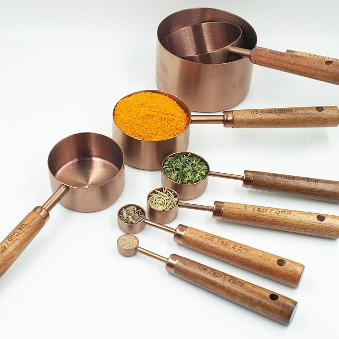 Measuring Cups and Spoons Set of 8, Stainless Steel Measuring Cup with Wooden Handle, Kitchen/Food/Liquid/Baking (Copper)