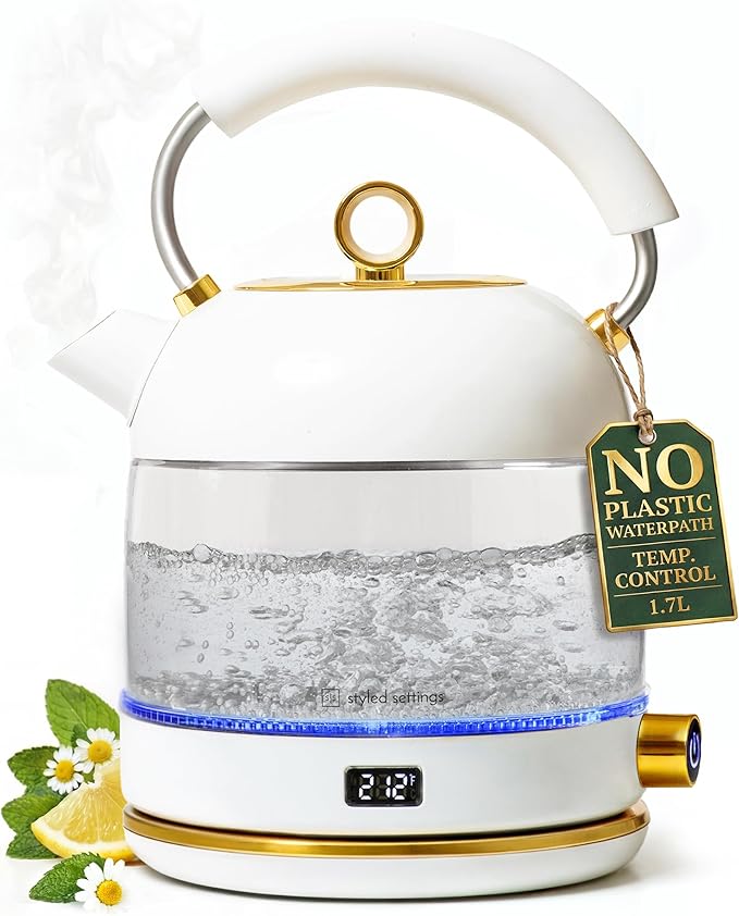 Styled Settings White Electric Kettle with Temperature Control | 1500W Fast Hot Water Boiler - White and Gold Electric Kettle with Keep Warm Function, BPA-Free Glass Body, Auto Shut-Off