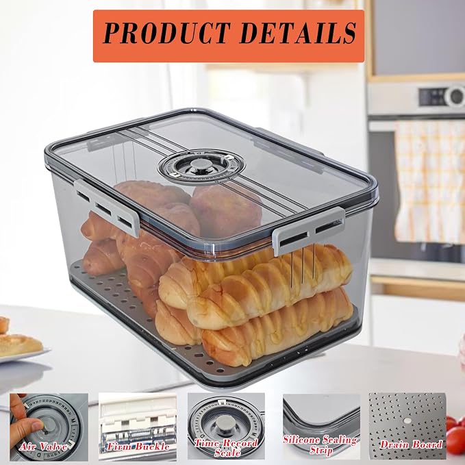 Bread Box Bread Boxes with Lid for Kitchen Counter, Airtight Loaf Bread Storage Container,Large Time Recording Bread Keeper for Homemade Bread, Toast, Bagel, Donut and Cookies ,Not dishwasher safe