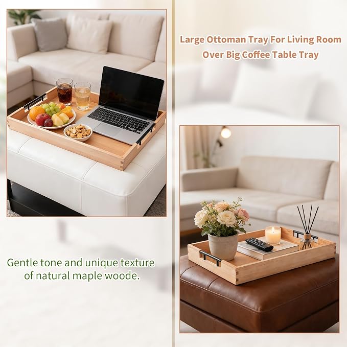 Large Ottoman Tray, 20"x14" Rectangular Trays for Big Ottoman, Maple Wooden Serving Tray with Metal Handles, Wood Serving Tray Counter Kitchen, Living Room Coffee Table Decor Organizer