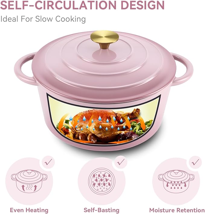 Miereirl 4.5 Quart Enameled Dutch Oven Pot with Lid, Cast Iron Dutch Oven with Dual Handles for Bread Baking, Cooking, Non-stick Enamel Coated Cookware, Pink