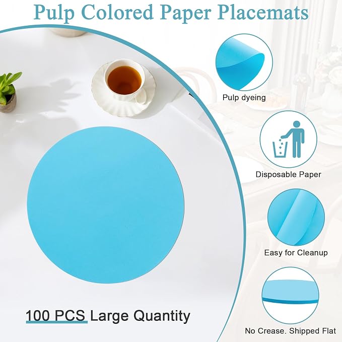 SHACOS 100 pcs Round Paper Placemats Disposable 13 inch Colored Paper Place Mats for Wedding Birthday Party Bridal Baby Shower Events Table Decoration, Sky Blue