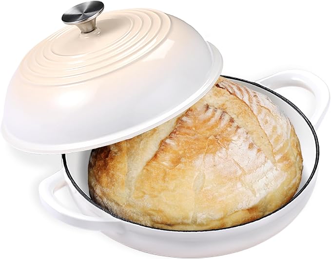 Enameled Round Cast Iron Bread Oven, 6 Qt Cast Iron Dutch Oven for Homemade Sourdough Bread Baking, Bread Pot with Dome Lid (White)