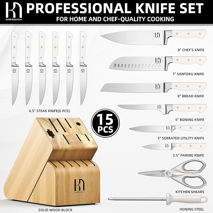 KnifeSaga Japanese Knife Set with Sharpener, Premuim, Razor Sharp, 15 Pcs | Innovative Steel, High Carbon Stainless, Enduring Sharpness, Ergonomic Handle, Quality Acacia Wood Block, Full-tang, Gift Box