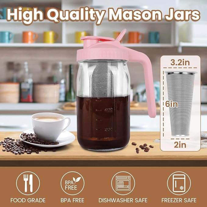 Cold Brew Coffee Maker, 32 oz Mason Jar Pitcher with Stainless Steel Filter, Pour Spout Handle Lid, Heavy Duty Glass Airtight & Leak-Proof for Iced Coffee,Tea & Lemonade