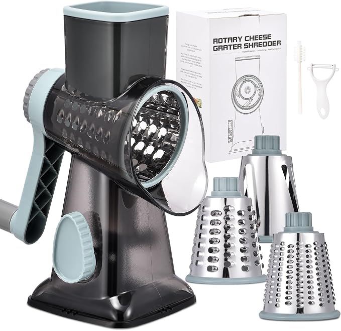 Rotary Cheese Grater with Handle Kitchen Shredder Slicer Grater Slicer Ice Shaver Cheese Vegetable Nuts Potato Zucchini Chocolate 3 Interchangeable Blades (GreyBlue