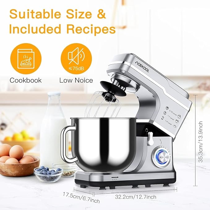 GarveeHome 7.5QT Stand Mixer, 10-Speed Tilt-Head Electric Food Mixer with Stainless Steel Bowl, 660W Motor, Dough Hook, Whisk & Beater, Compact Design for Home Baking,Silver