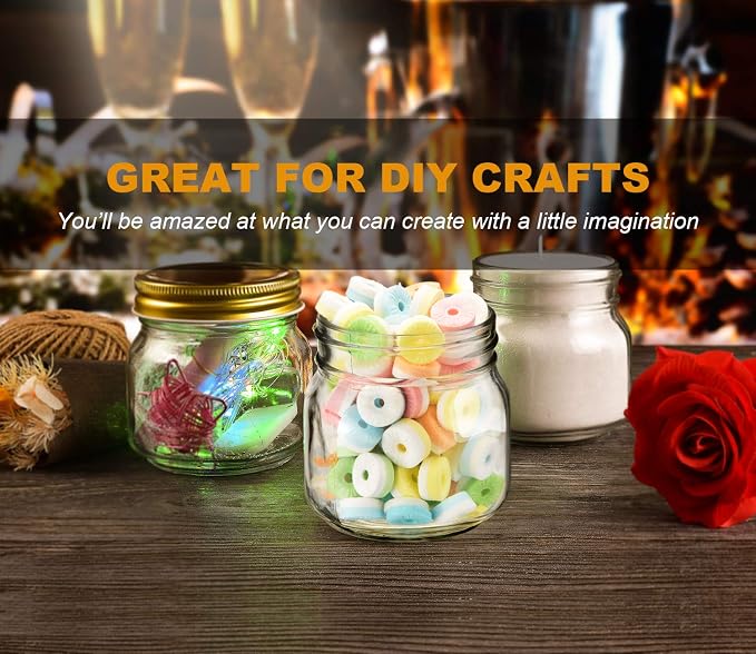 Rainforce Mason Jars 8 oz 30 Pack Small Glass Canning Jars with Gold Lids | 1/4 Quart canning jars regular mouth with 20 labels,1 pen.For food storage,meal prep,jelly,jam,honey,pickles,spice glass jars