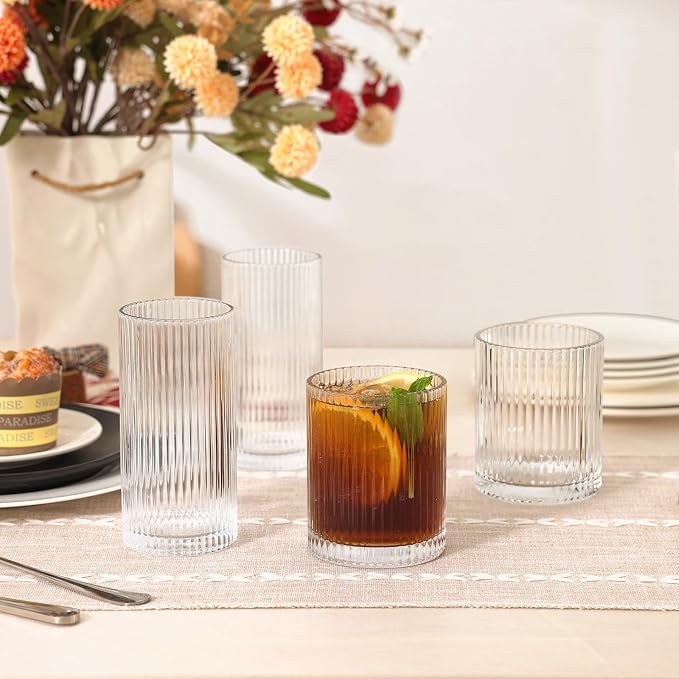 Moretoes Ribbed Drinking Glasses Set of 12,Water Glass Cups | Mixed Glassware Set,6 Highball Glasses 12 Oz, 6 Rocks Glass 13 Oz, Kitchen Bar Tumbler for Wine, Juice, Ice Coffee, Whiskey