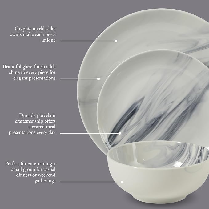Gibson Home Cloudlight 12 Piece Plates and Bowls Dishes Blue and White - Decorated Porcelain Ceramic Dinnerware Set - Service for 4