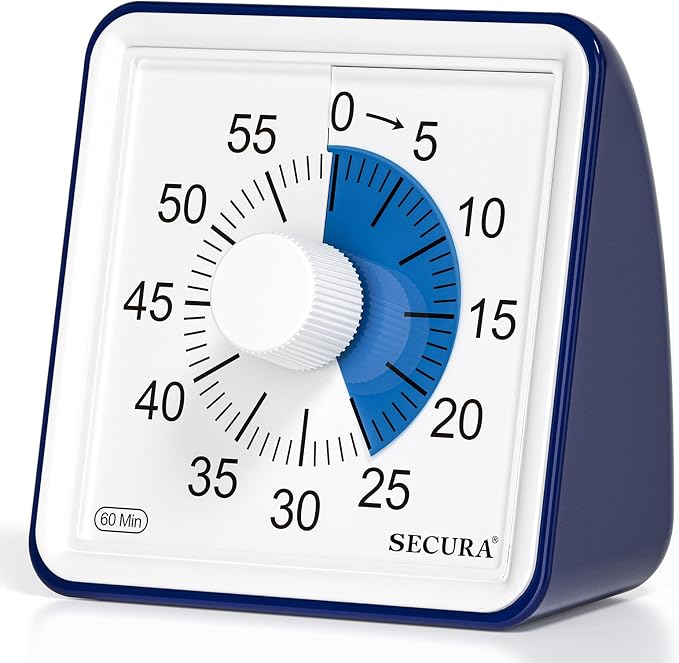 Secura Visual Timer for Kids, 60 Minute Classroom Countdown Timer for Study | Non-Ticking, Adjustable Alarm Volume/Duration, Low Power Reminder, Time Management Tool for ADHD (Navy Blue & Navy Blue)