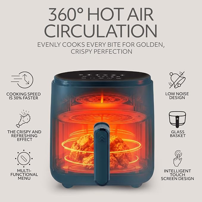 WILLOW Eco Series Glass Air Fryer, 5 Quart Non-Toxic Air Fryer with Glass Basket, 6 One-Touch Presets, 1500W Digital Display, 430°F Max Temp, Preheat & Keep Warm, Dishwasher Safe - Navy Blue