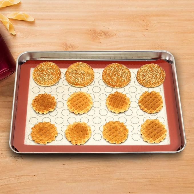 Baking Sheet with Silicone Baking Mat Set, Stainless Steel Cookie Sheet Pan | Baking Pans with Reusable Silicone Mats, Set of 8 (4 Sheets + 4 Mats), 9/10/12/16 inch, Non Toxic & Heavy Duty & Easy Clean