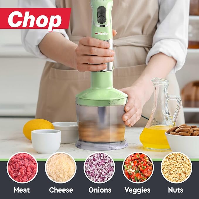 Mueller Multistick 5-in-1 Immersion Blender Handheld, 12-Speed Hand Mixer | Turbo Boost, Heaviest Duty Copper Motor, Titanium Blades Hand Blender, Milk Frother Wand, Whisk, Beaker, Chopper, Green