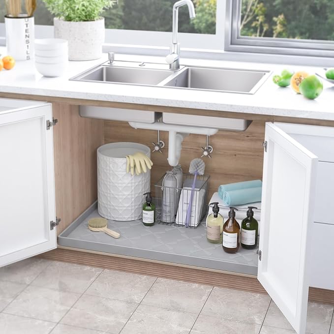Waterproof Under Sink Mat 37" x 22" Silicone Mat Cabinet Protector | Heavy Duty Deep Drip Tray, Extra Thick Non Slip Liner for Kitchen & Bathroom, Pets, Organizer, Storage, Boots, Home Essential
