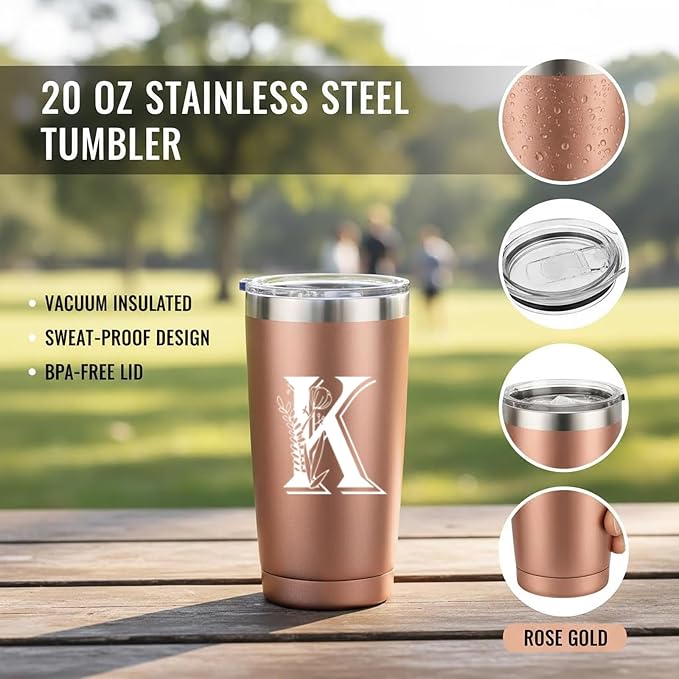 Letter K Insulated Travel Cup with Lid, Personalized Initial Mugs for Women, Letter K Gift Coffee Mugs for Women, Wife, Mom, Grandma, Bridal Shower Gifts, 20 OZ Rose Gold Two Lids