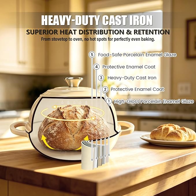Cast Iron Bread Dutch Oven 6QT Pink Enameled with Lid | Even Heat and Steam for Crispy Crust, Easy-release Enamel, All Stovetops, Safe to 500F, For Sourdough and Artisan Bread